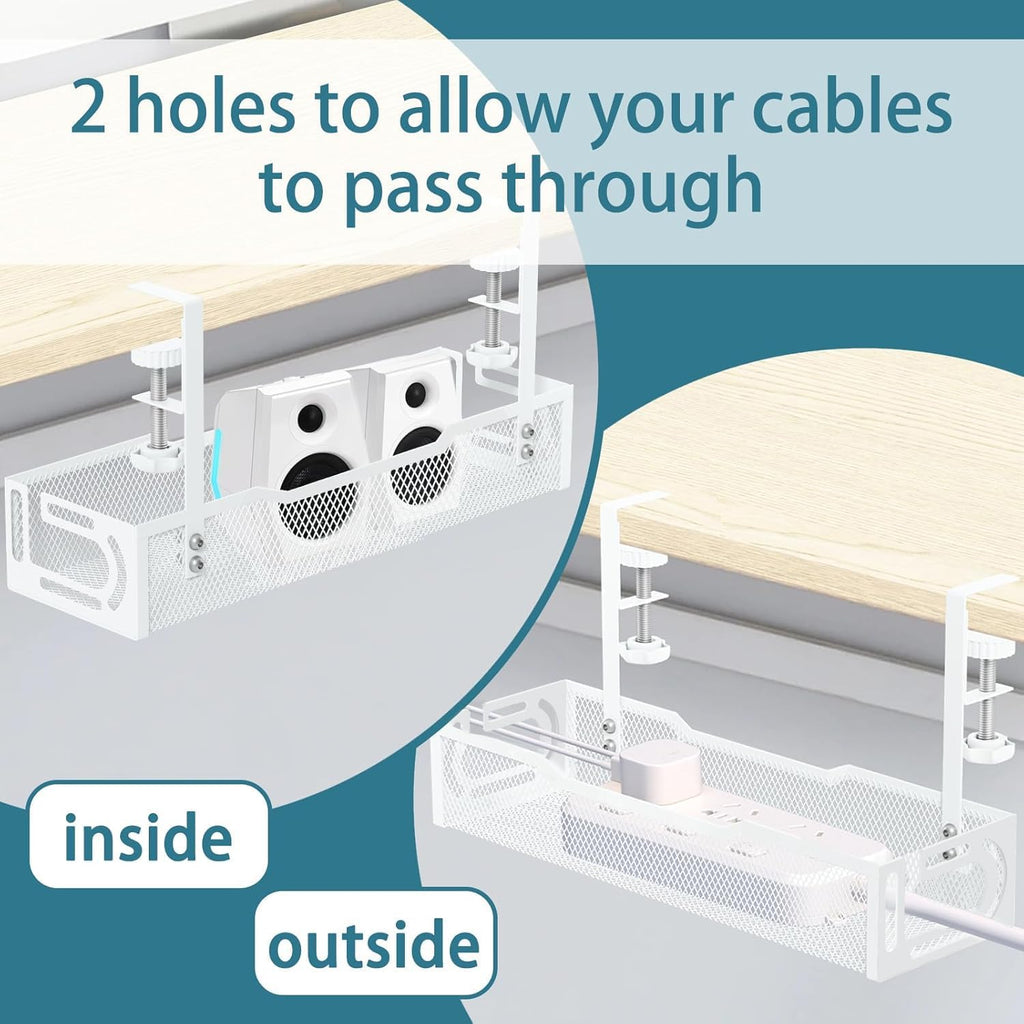 Under Desk Cable Management Tray - No-Drill Mesh Wire Organizer and Cable Management Rack (White)