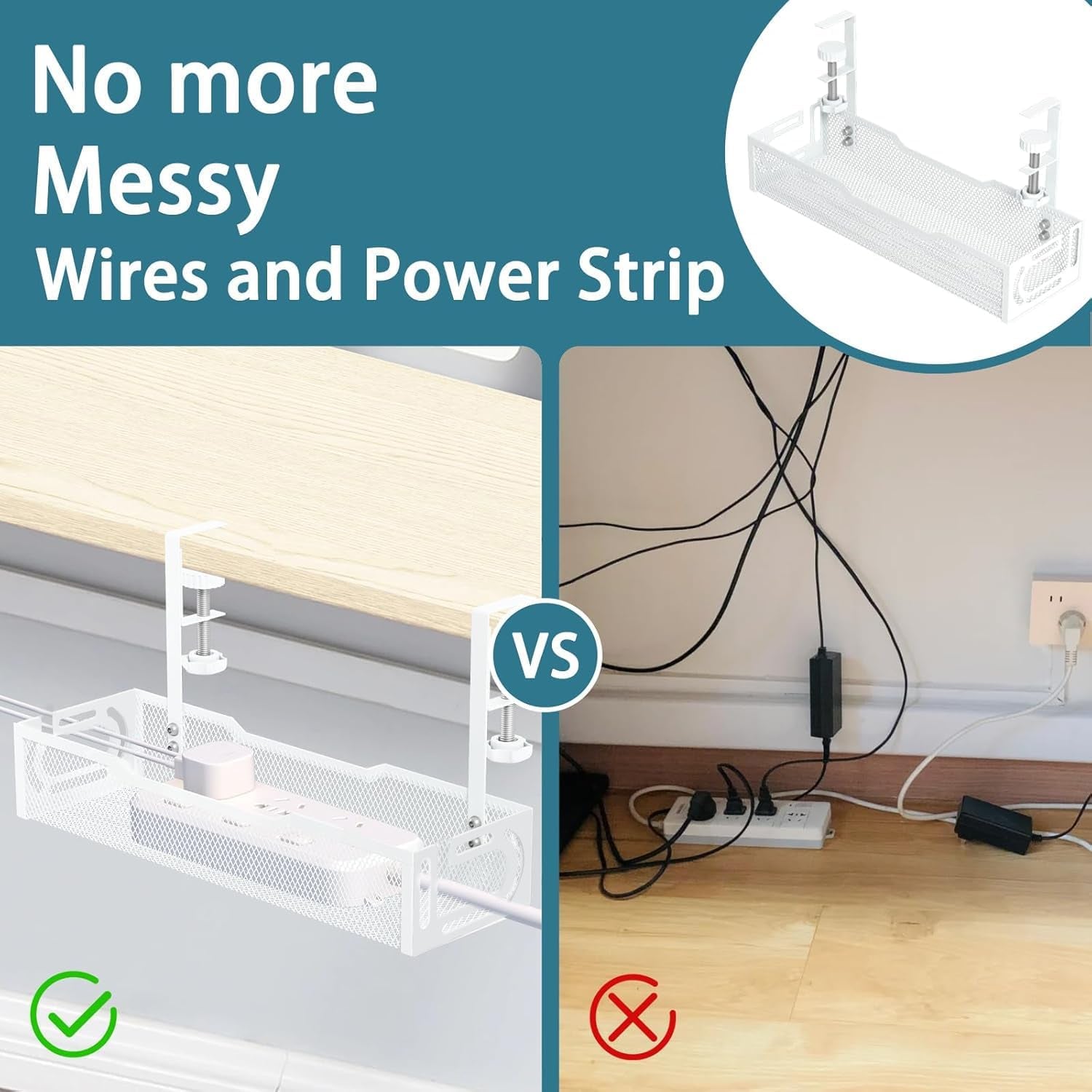 Under Desk Cable Management Tray - No-Drill Mesh Wire Organizer and Cable Management Rack (White)
