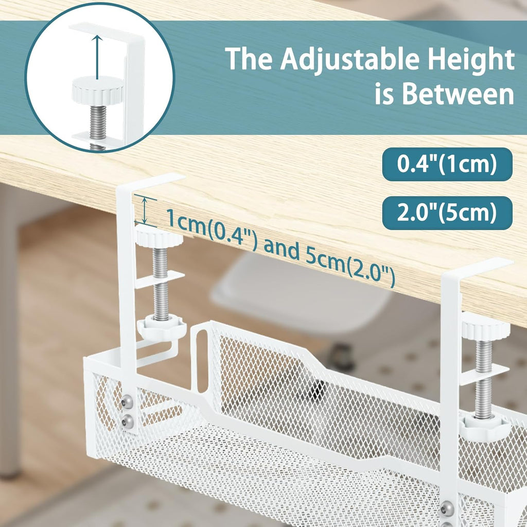 Under Desk Cable Management Tray - No-Drill Mesh Wire Organizer and Cable Management Rack (White)