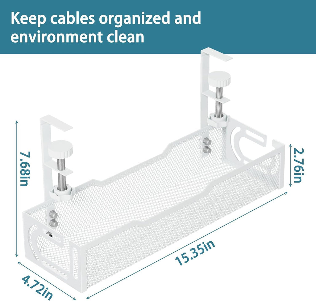 Under Desk Cable Management Tray - No-Drill Mesh Wire Organizer and Cable Management Rack (White)