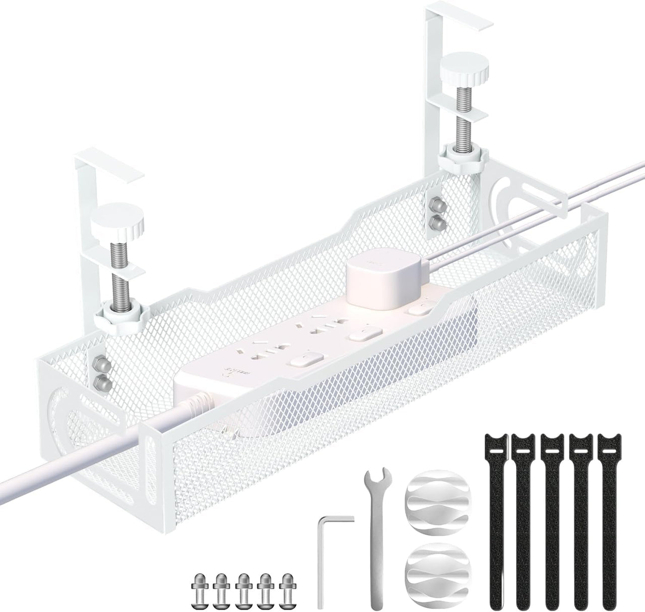 Under Desk Cable Management Tray - No-Drill Mesh Wire Organizer and Cable Management Rack (White)