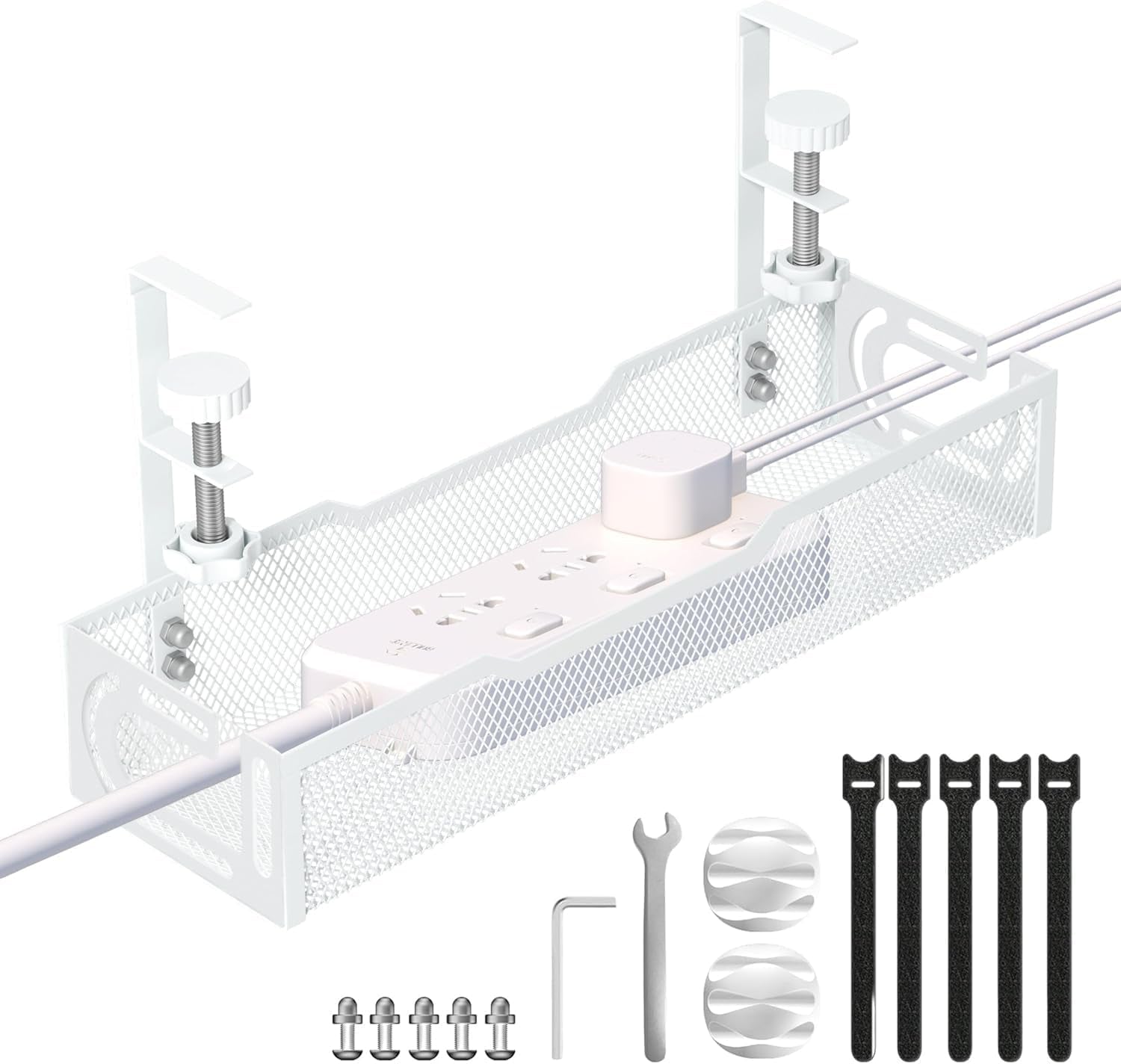 Under Desk Cable Management Tray - No-Drill Mesh Wire Organizer and Cable Management Rack (White)