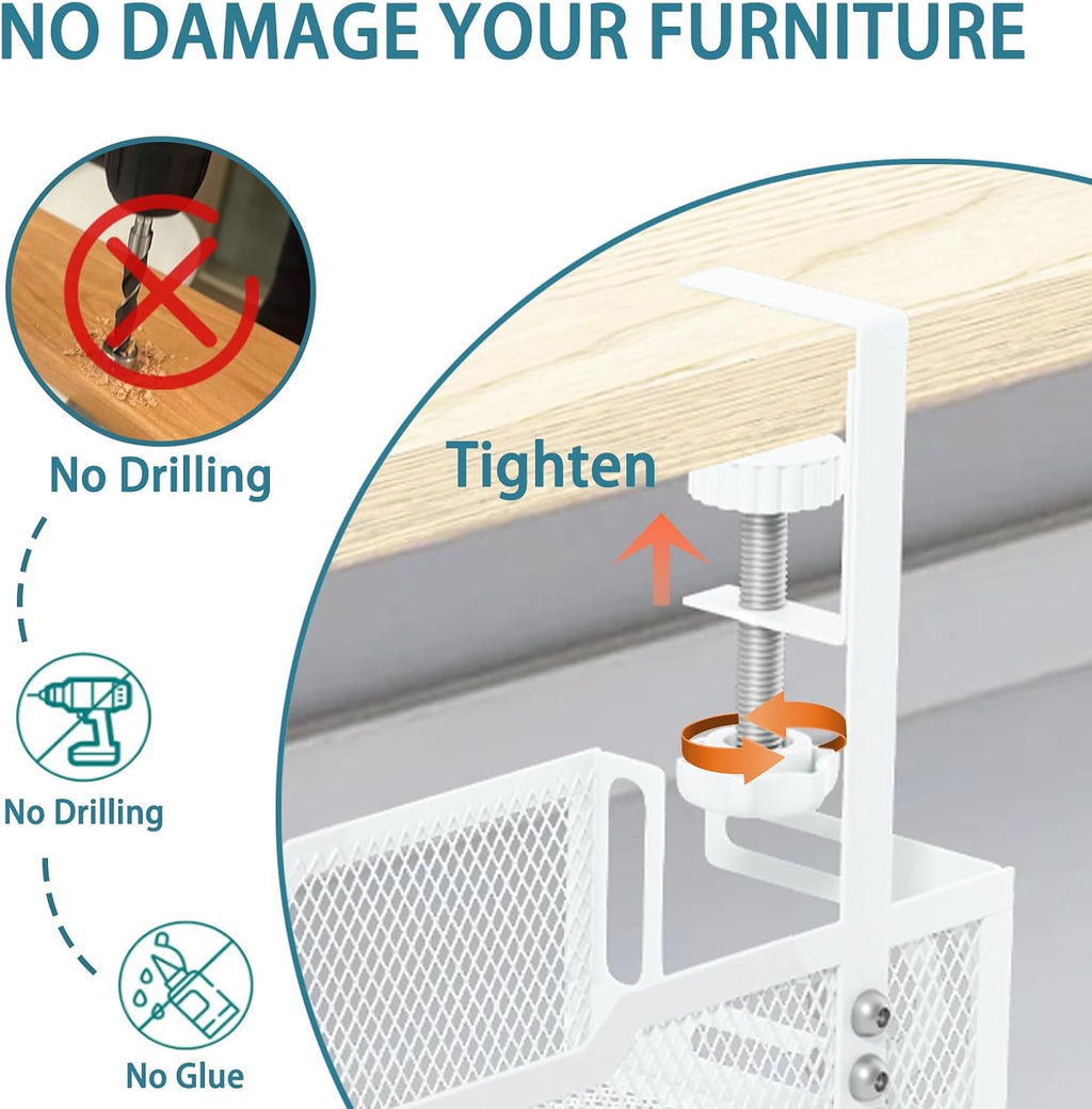 Under Desk Cable Management Tray - No-Drill Mesh Wire Organizer and Cable Management Rack (White)